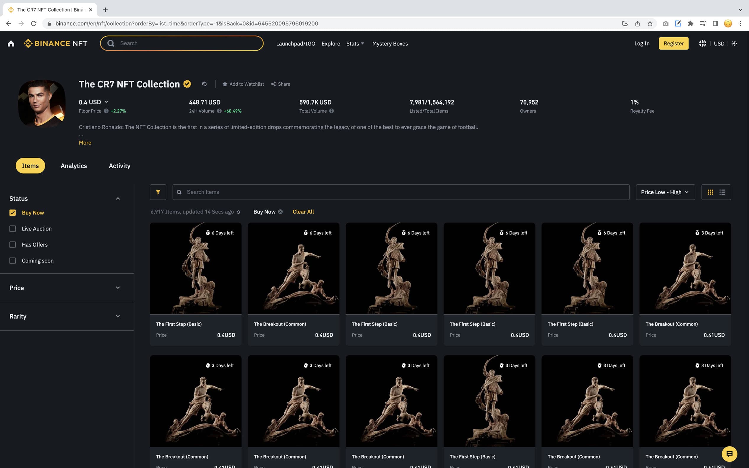 Binance campaign website creative for the CR7 partnership.